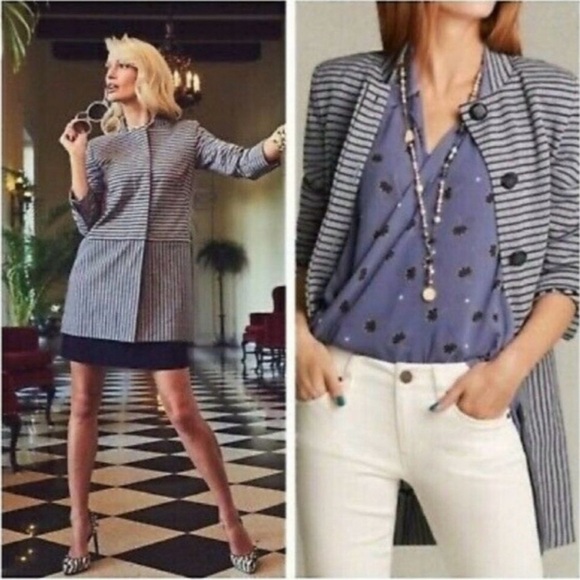 Cabi Striped Car Coat Women’s Size L 3/4 Sleeves Navy Gray - Picture 2 of 10
